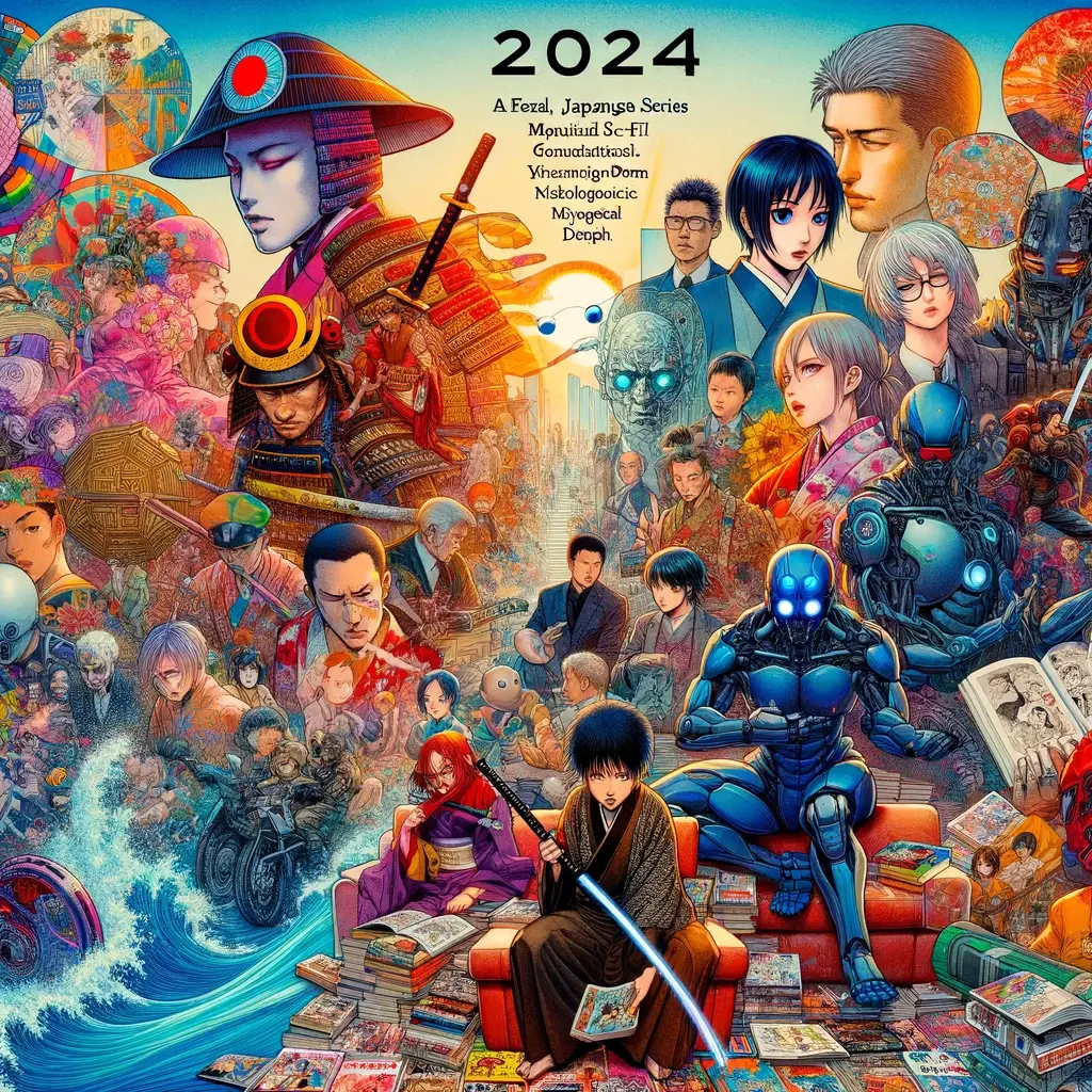 DALL·E 2024 01 13 14.04.58 An Illustration Depicting A Diverse Collection Of Manga Series From 2024 Showcasing Various Genres And Styles. The Image Should Include Elements Repr.webp